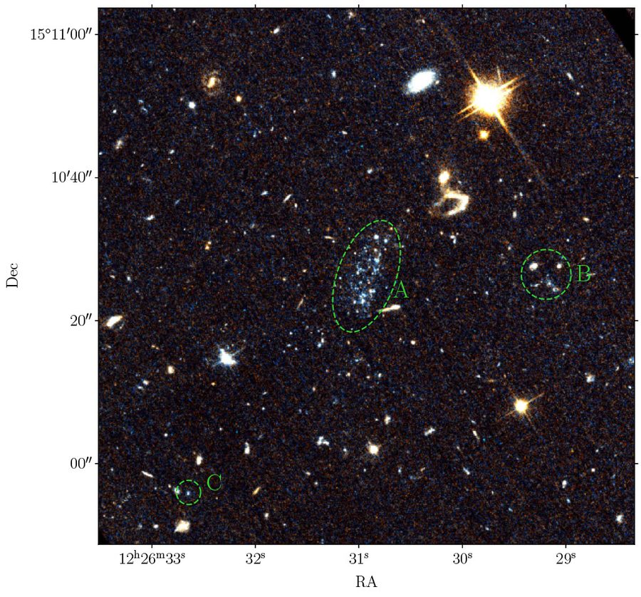 HST image of BC5, one of the blue blobs in Virgo. It is clumpy and irregular, and consists entirely of young blue stars.